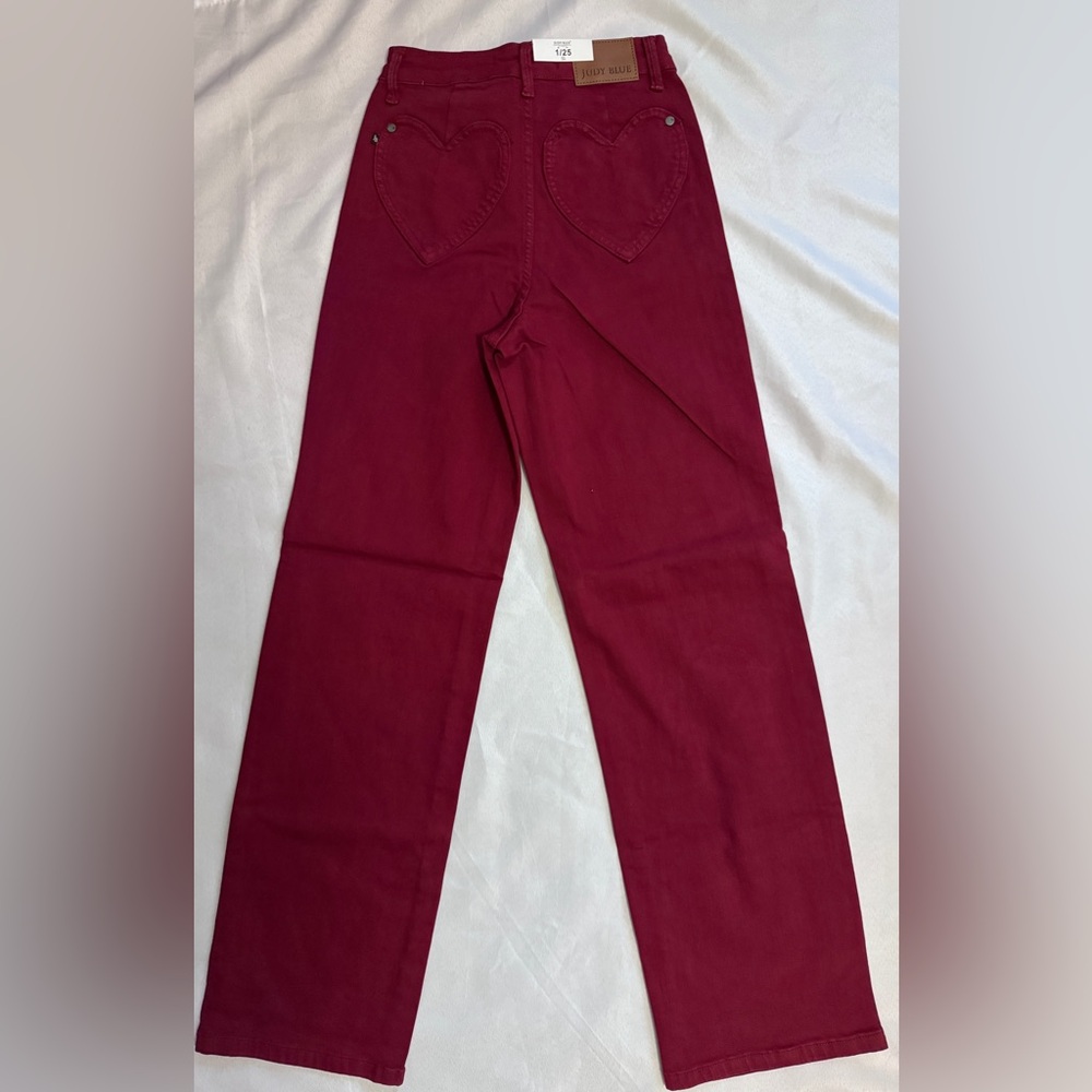 NEW Judy Blue Burgundy Red Heart Pocket 90’s Straight/ Wide Leg High Waist Jeans - Picture 3 of 6